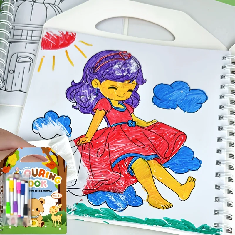 Children's Fun Drawing Book, Graffiti Coloring Book, Enlightenment Cartoon Coloring Book, Includes 6 Erasable Pens