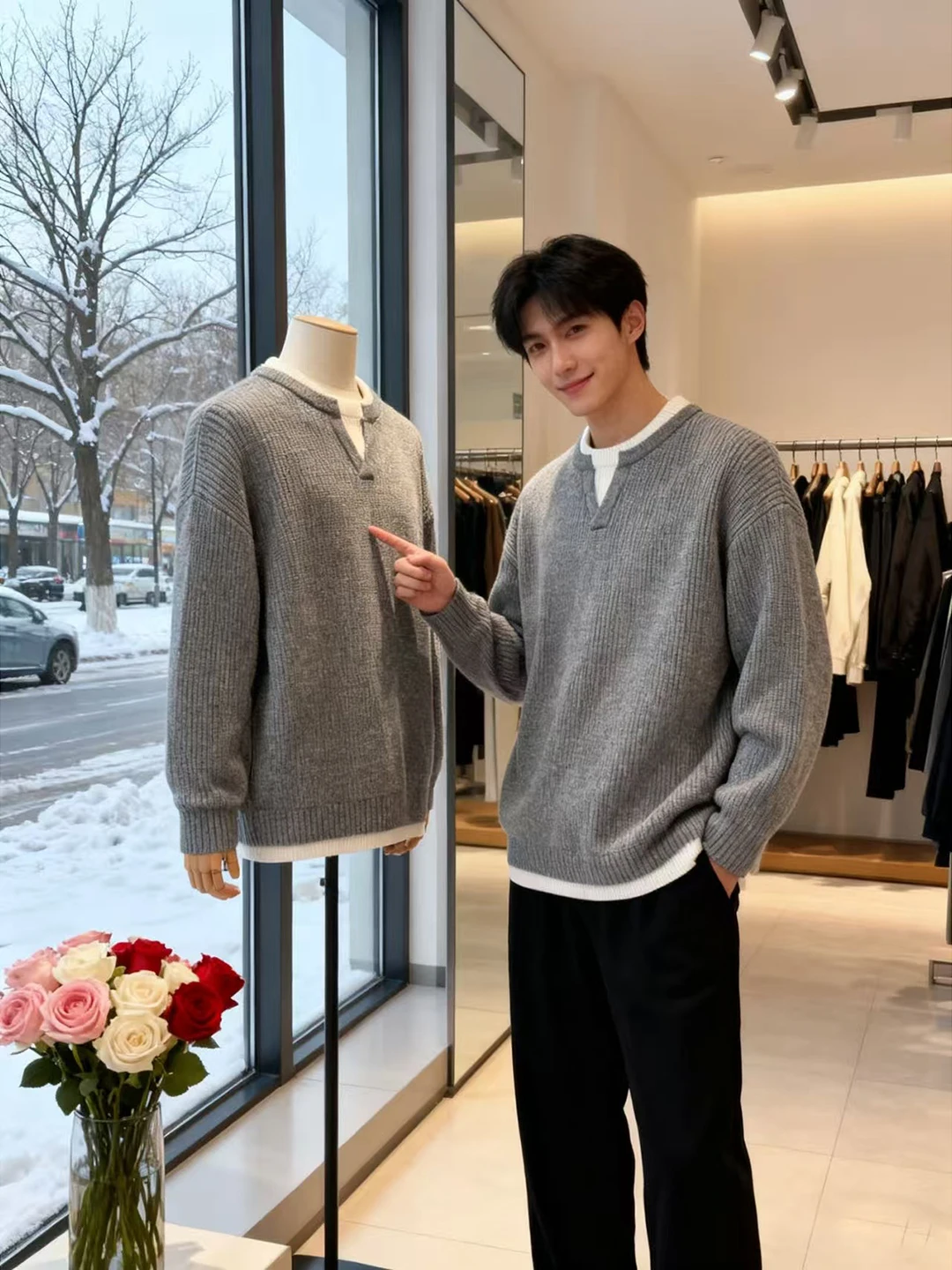 

Warm Fce Lined V-Ne Knitwear Men's Sle Autumn Winter Casual Soft Comfortable Inner Wear Top Textured ey Mo Two-Piece