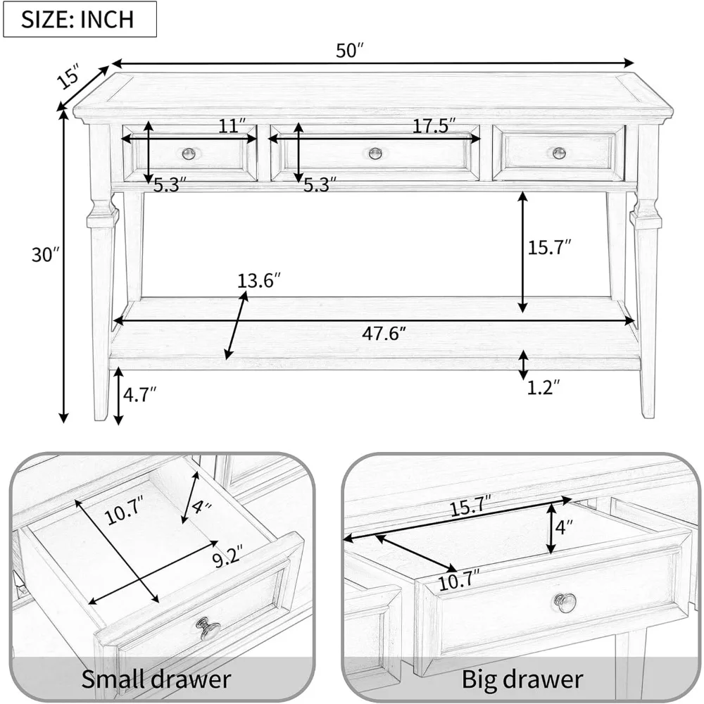 Table with 3 Drawers, Retro Entryway Table with Storage and Bottom Shelf, Narrow Long Sofa Table for Entryway, Livin