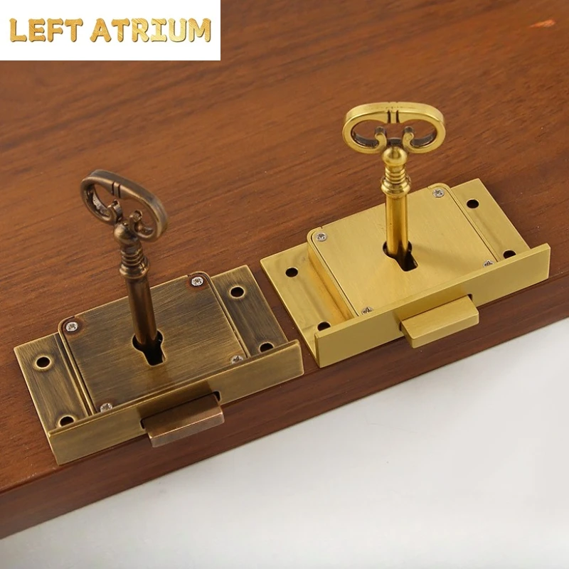 アンティーク真鍮製引き出しロック-ヴィンテージキャビネットロック-スクエア一体型隠しロック-家具金物ツール-キャビネットドアロック