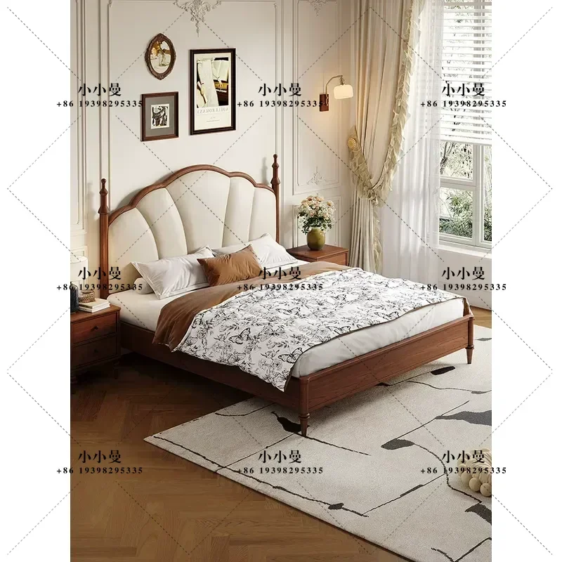 Medieval Style First Layer Leather Soft Bed Frame Solid Wood Double Bed 1.8m Single Bed 1.5m for Bedroom Small Apartment
