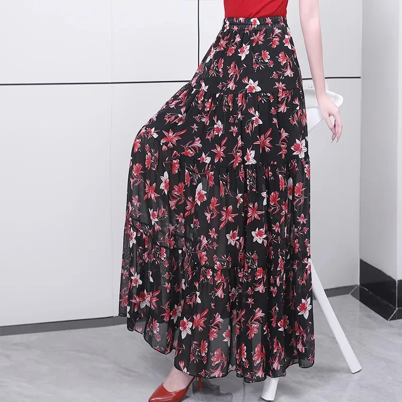 Spring Floral A-line Maxi Long Chiffon Skirt High Waist Cakee Patchwork Ankle Long Summer Skirts