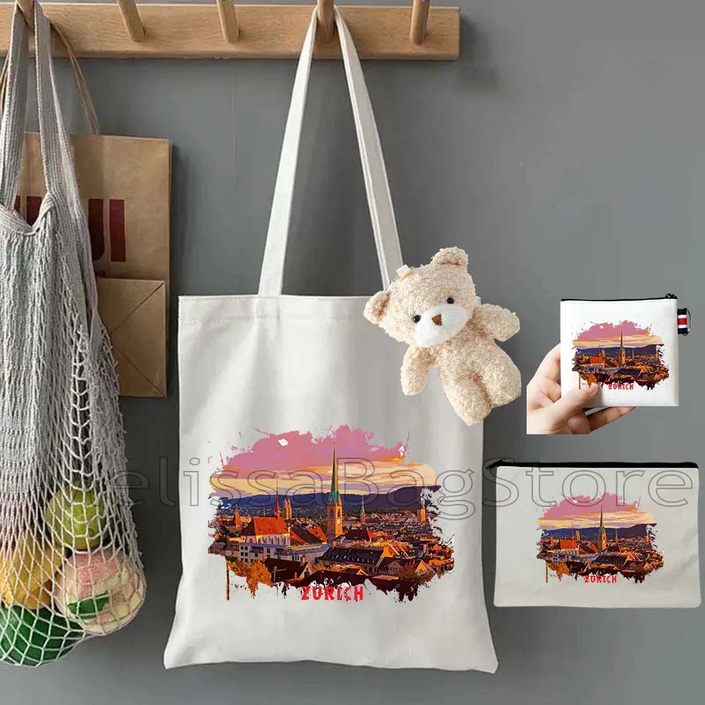 4PCS Gifts Set Zurich Switzerland White Canvas Tote Bag Handbag with Doll Key Coin Purse Cosmetic Makeup Toilet Bag Case Pouch