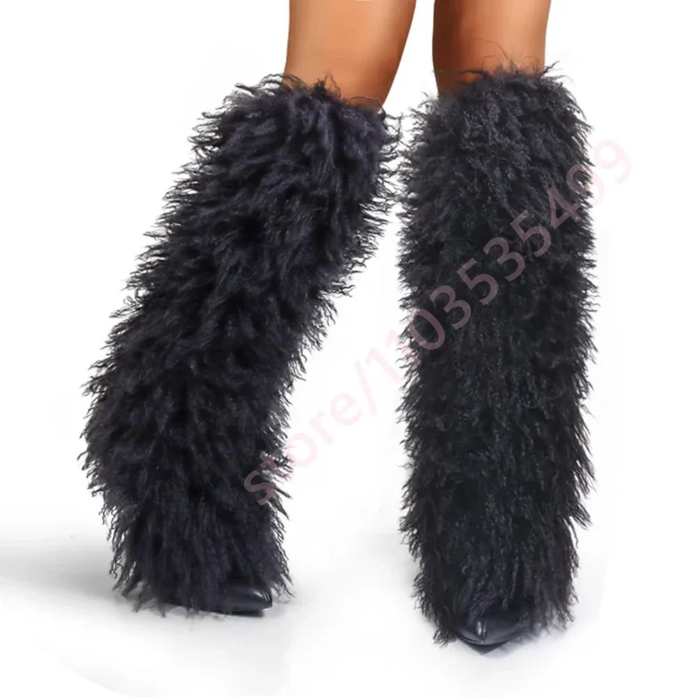 

2025 New Winter Pointed-Toe Furry Snow Boots Ins Style Fashion Party Casual Stage Boot Sexy Women's Chunky High Heel Runway Boot
