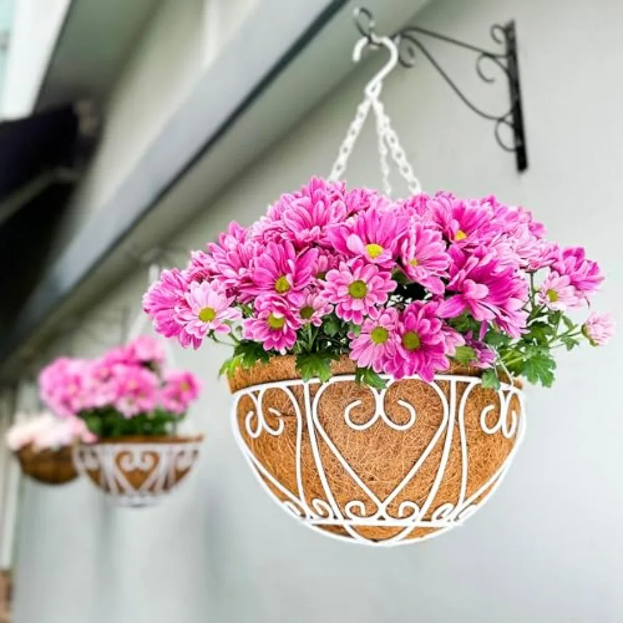 Outdoor patio balcony garden hanging baskets for plants, white metal wire with coco liner, 16 inch extra large round plant hold
