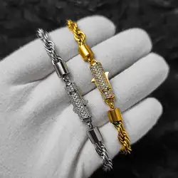 Nuoya New Style 6mm Iced Out Clasp Rope Chain Stainless Steel Twist Rope Chain Bracelet Jewelry For Women