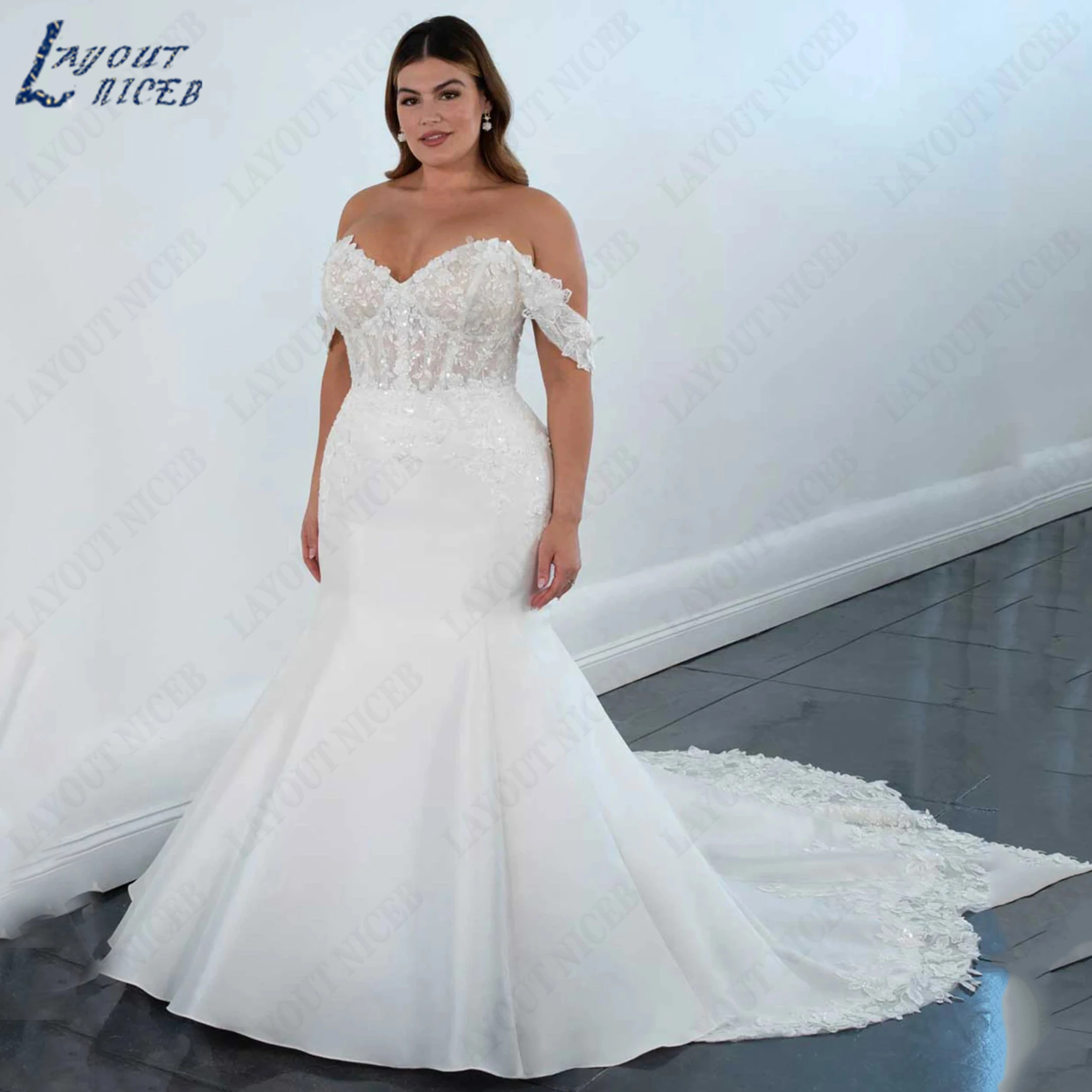 LAYOUT NICEB Customized Satin Mermaid Bridal Dress Lace Applique Sequin Wedding Gown Off The Shoulder Bride Gowns For Women