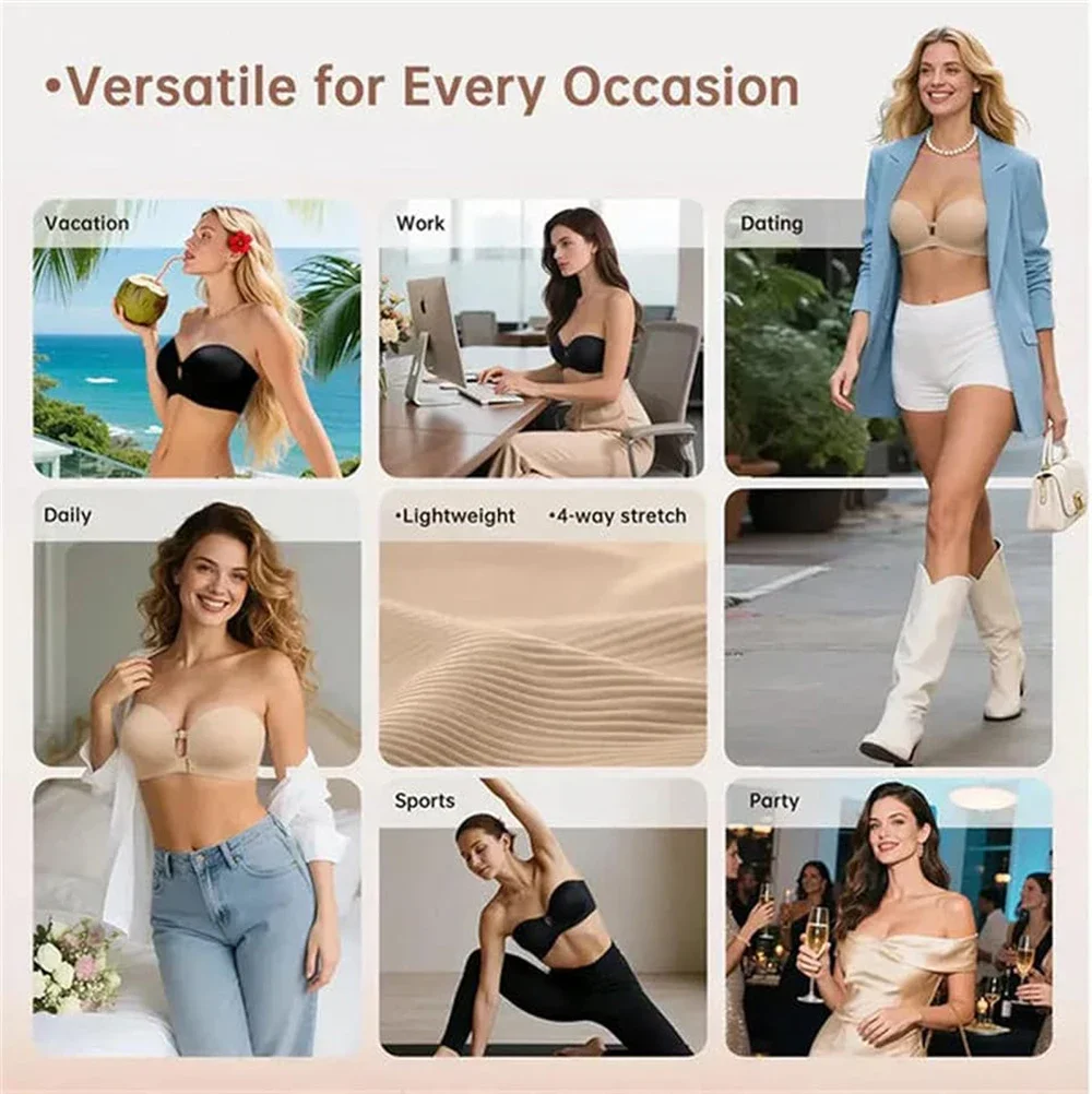 Damen trägerloser BH mit Frontverschluss, Push-up-BH, gepolstert, mit zusätzlicher Körbchenfüllung, rutschfester Griff, herausnehmbar, kabellos, stützend, nahtlos – Detail 8