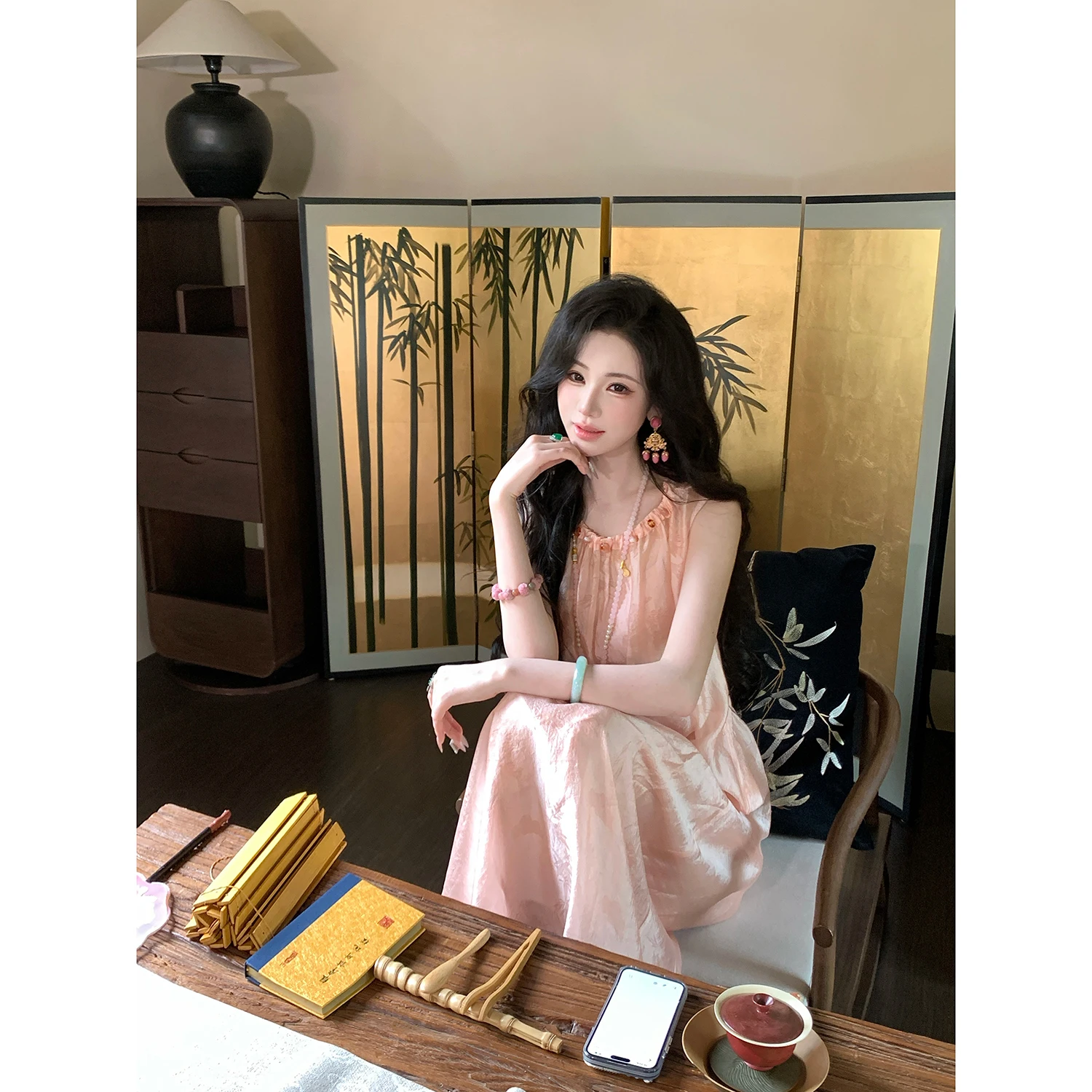 Syqiao Traditional Chinese Style Long Dress Two-Piece Set round Neck Sleeveless Dark Pattern Silk Gown H-Shape Silhouette