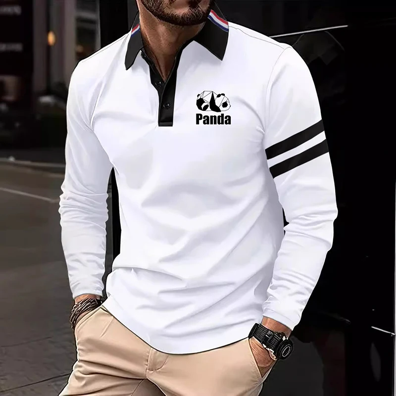 2025 Spring New Men's Long Sleeve Casual Polo Shirt Printed Long Sleeve Shirt