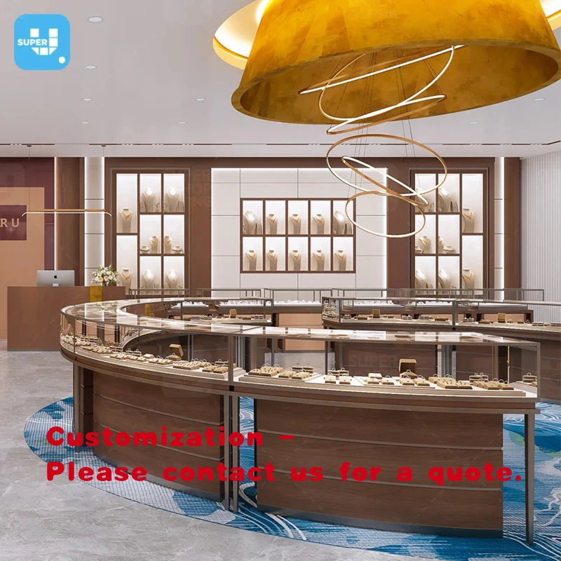 

custom.Luxury Customized Led Jewellery Store Counter Display Round Stainless Steel Frame Wooden Shop Jewelry Glass Showcase Desi