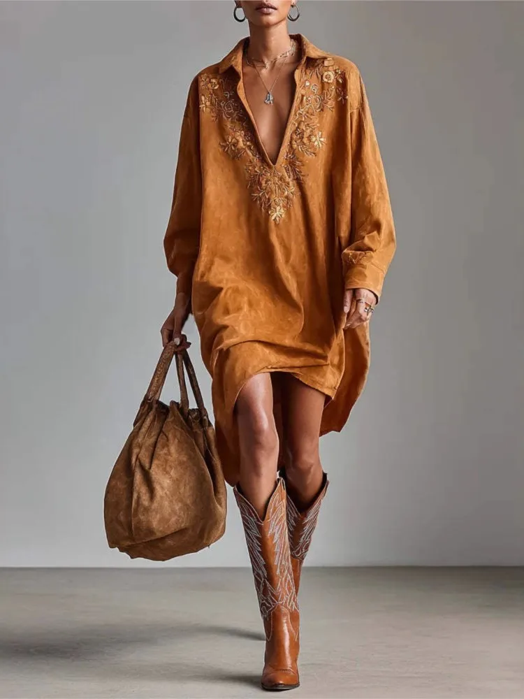 Autumn New Heavy Industry Embroidery Pullover Dress Women's Fashion Loose Casual Solid Color V-neck Long-sleeved Shirt Skirt