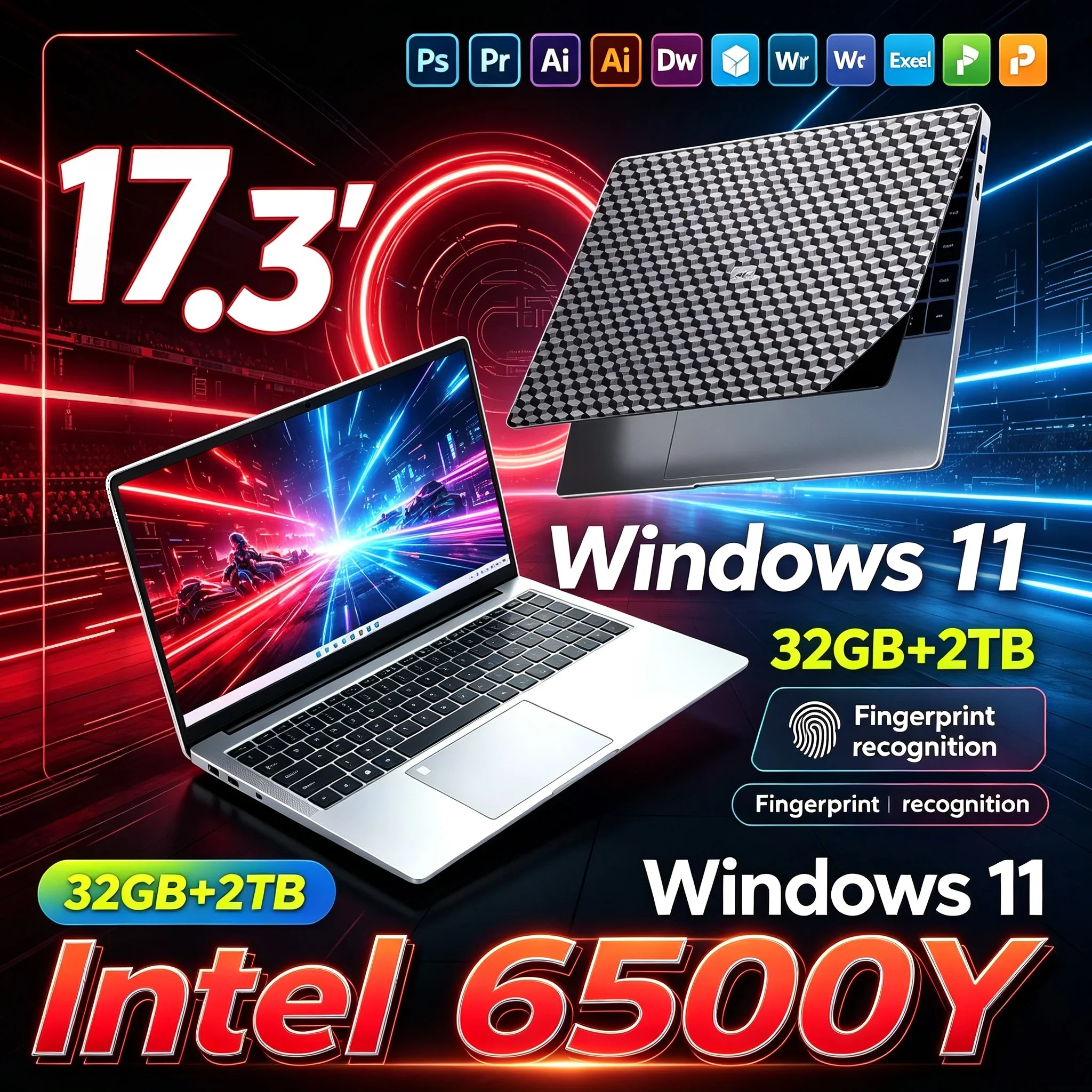 17.3'' HD Display Lightweight Laptop Intel 6500Y 32GB RAM 1TB/2TB SSD Win 11 WiFi 6 BT5.2 Big‑Screen Portable Office Notebook PC