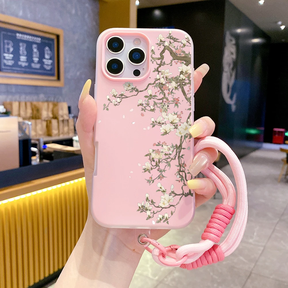 INS Phone Case For Samsung Galaxy S26 Ultra S25 S24 s22 s23 Plus FE A56 A55 A35 A36 A37 5G Vintage Floral With Lanyard Cover