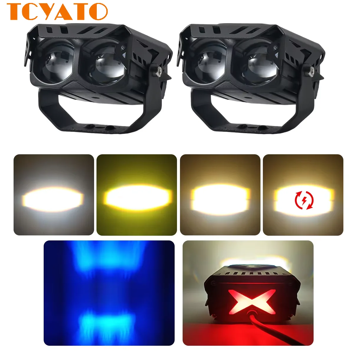 TCYATO Motorcycle Spotlight LED Dual Color High and Low Beam Integrated Modification with Blue Magic Eyes