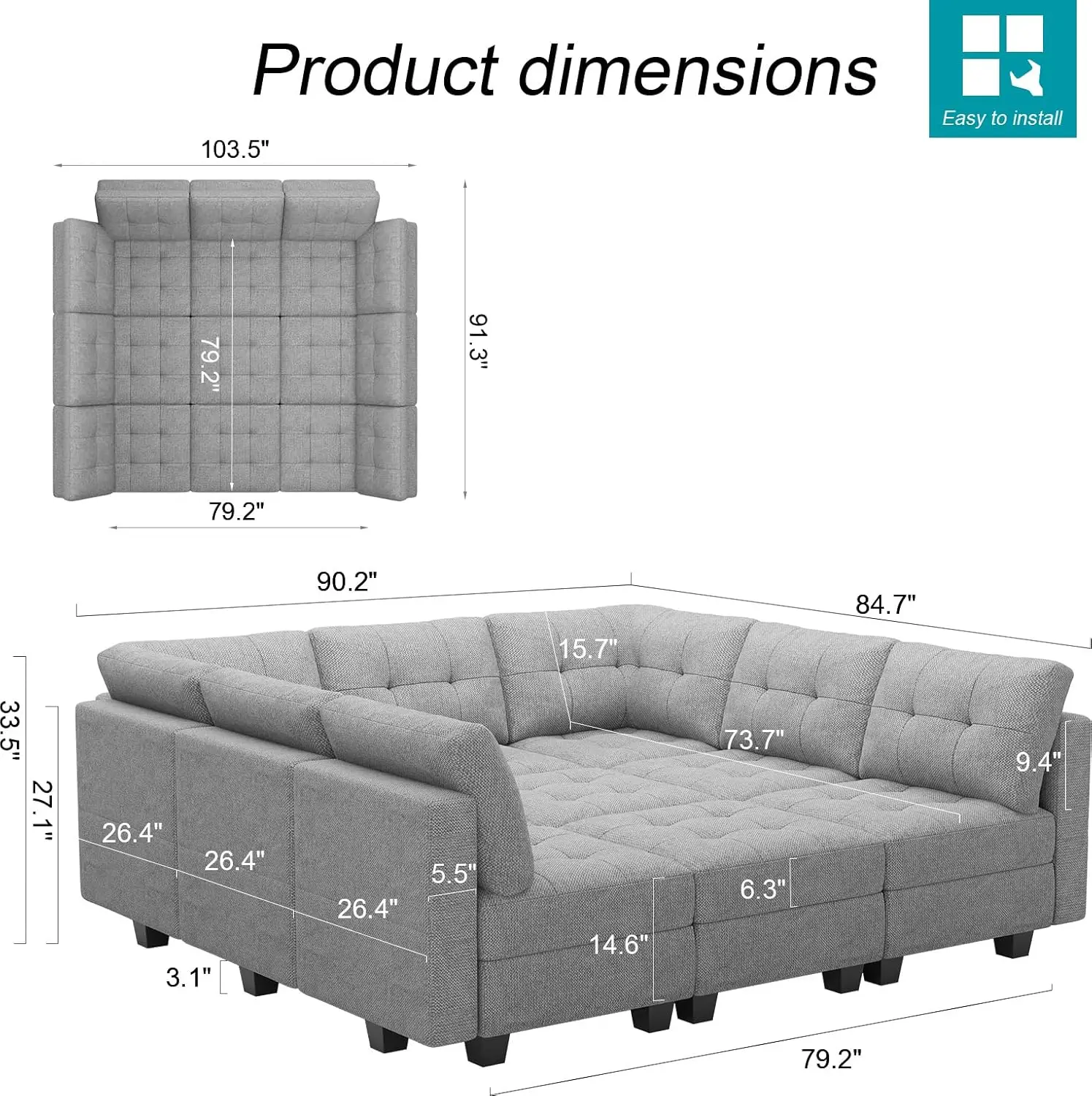 Modular Sectional Sleeper Sofa with Storage Seat Reversible Modular Couch Oversized Sleeper Sectional Sofa Bed Set Light Grey