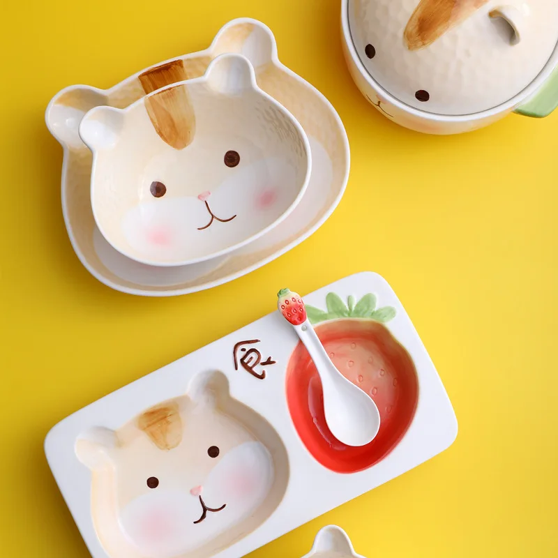 Korean version cartoon strawberry hamster bowl set children lovely ceramic plate bowl separator plate home school cutlery