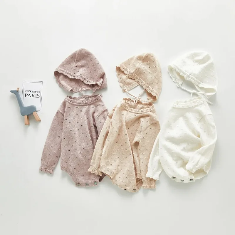 2020 Summer Baby Knitting Suit Long Sleeve Air Conditioning Romper One-piece Clothes For Girls With Cap Baby Girls Clothes