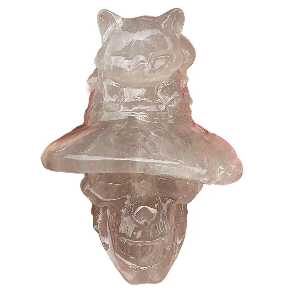 Custom Natural Smoky Quartz Witch Hat Skull with Cat Figurine - 5.5cm Hand-Carved Crystal Gothic Statue for Collectible Decor