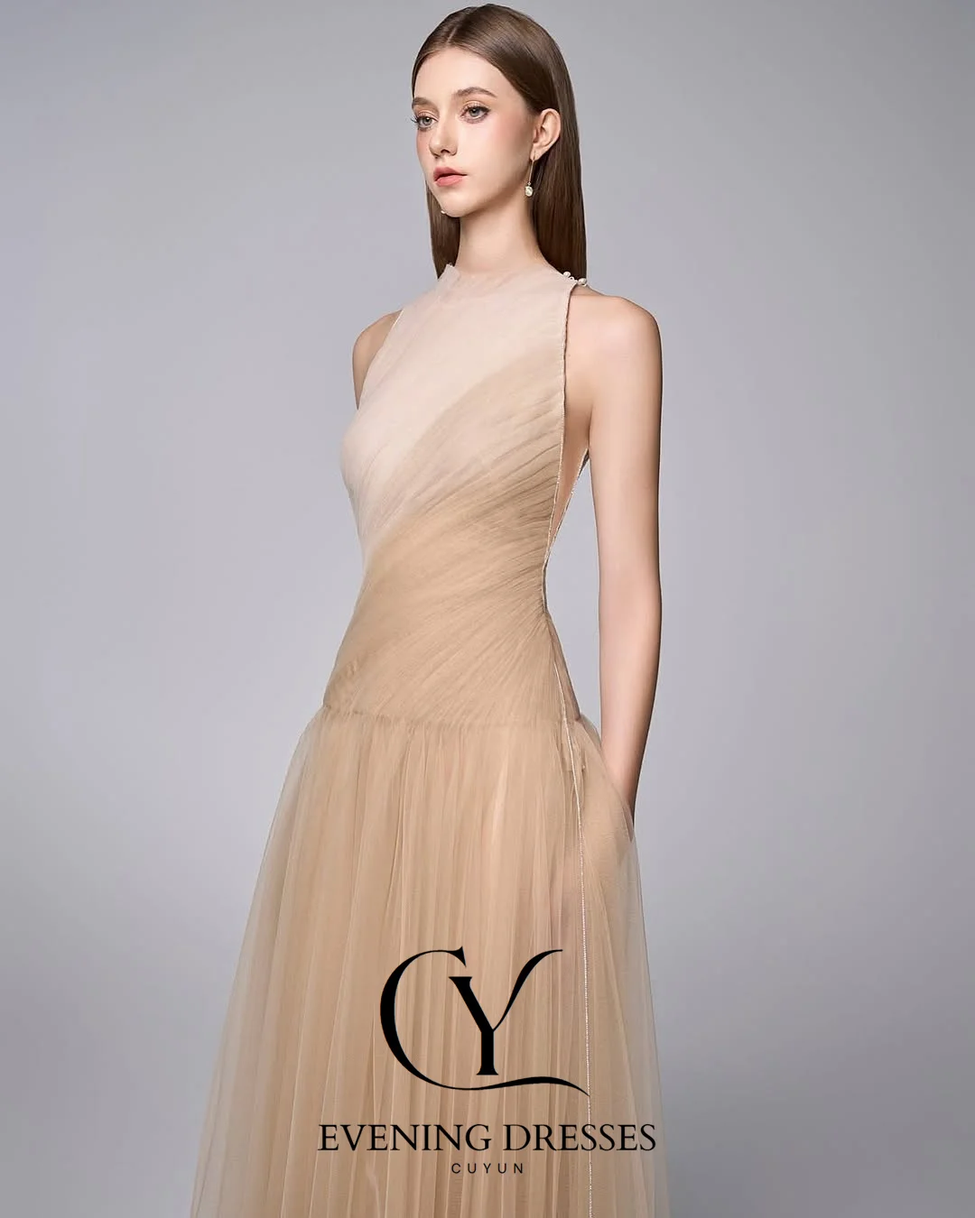 CUYUN robe de soirée élégante col rond sans manches robes de soirée en Tulle couleur contrastée une ligne robes de bal robe d'anniversaire personnalisée