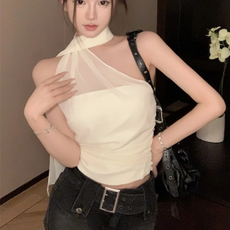 Exquisite Sexy Blouse for Women in Summer Fashion Scarf Collar Solid Spliced Chiffon Tops Office Ladies Pullover Dropshipping