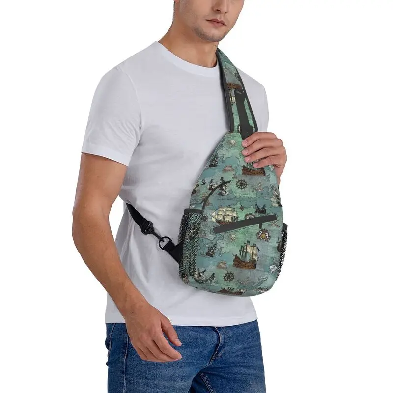 Coole Piraten karte nautische See druck Schulter taschen für reisende Männer Schädel Seemann Brust Cross body Rucksack Schulter Tages rucksack