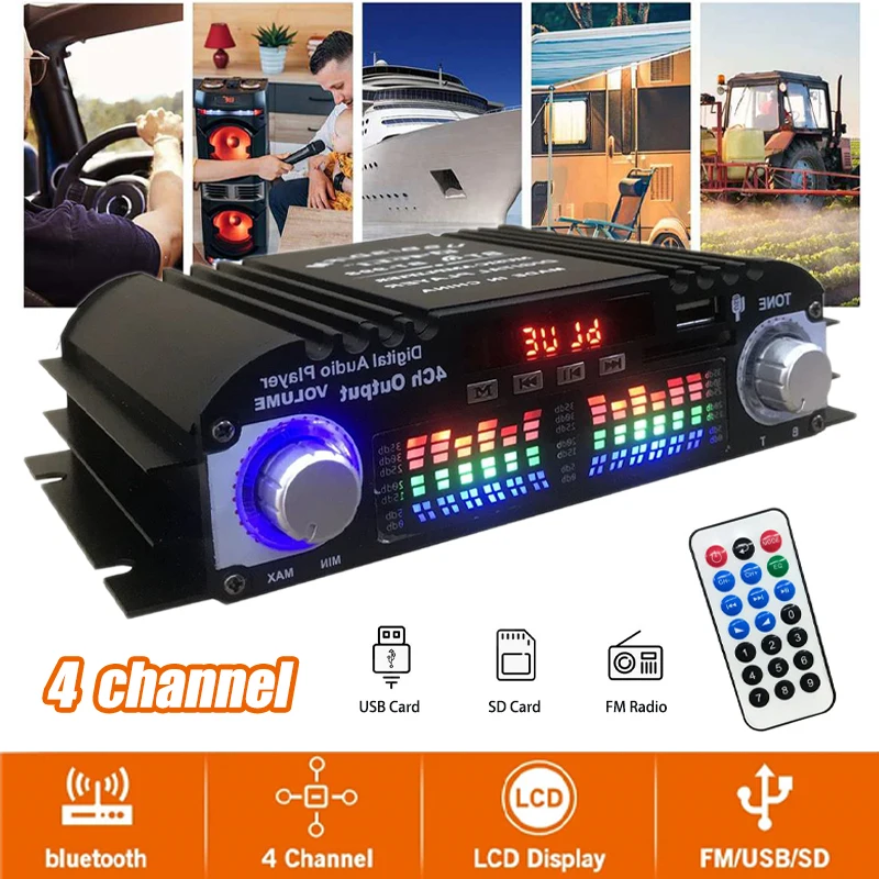 HiFi Sound Amplifier 4 Channel Digital Audio Bluetooth Amplifier 1600W Peak Power Karaoke Player FM Radio Support Remote Control