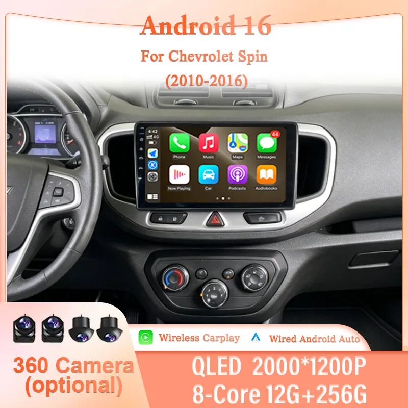 Reproductor Multimedia para Automóvil Android 16 de 9 Pulgadas para Chevrolet Spin 2010-2016, CarPlay Inalámbrico, GPS, Navegación, BT, Pantalla Dividida, Pantalla Táctil QLED, LHD