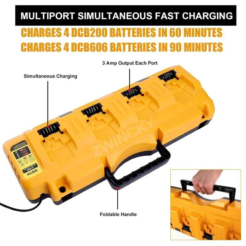 DCB104 Li-ion Battery Charger 4-Port 3A Current For Dewalt 12V 14.4V 18V 20V Battery charged Simultaneously DCB107 DCB115 DCB118