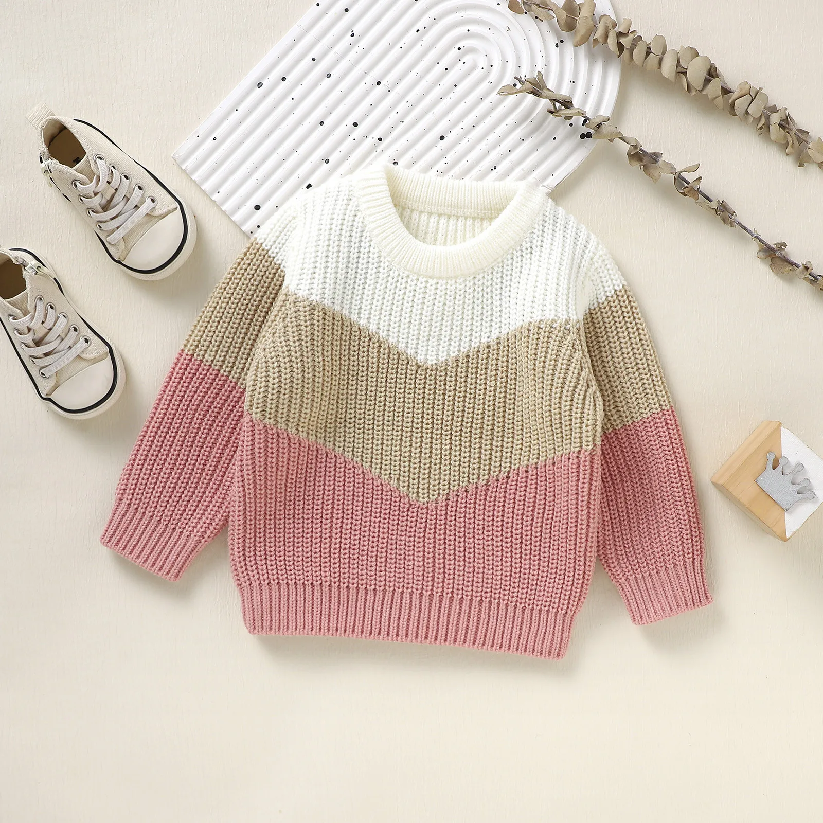 Toddler Baby Boys Girls Knitted Sweaters Cute Long Sleeve Contrast Color Pullover Tops Sweatshirts Winter Fall Infant Clothes