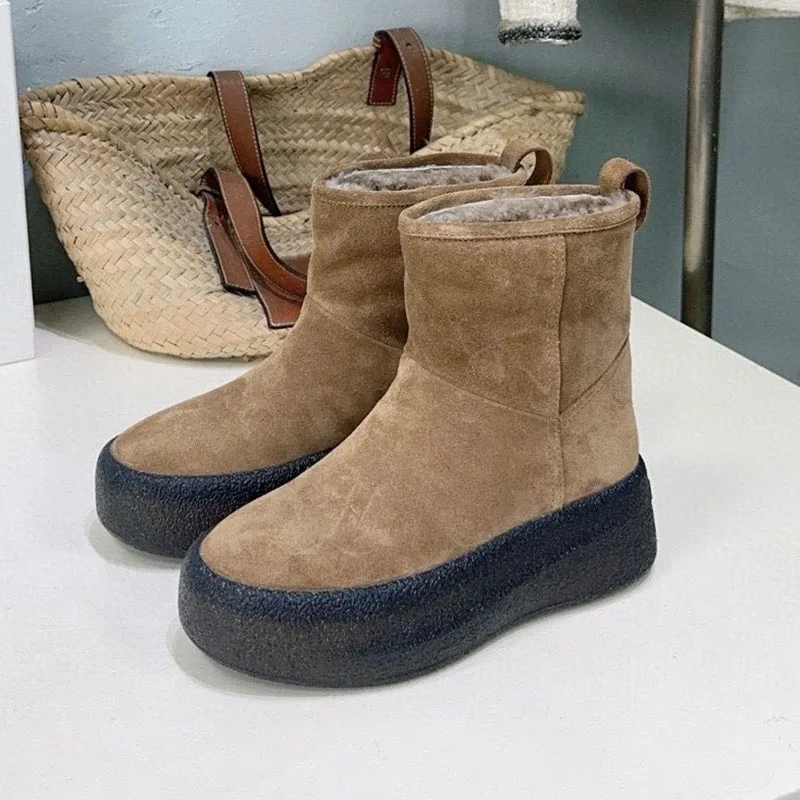 Riding Boots Suede Flat Thick Bottom Ankle Botas Mujer Women Round Toe Real Wool Lining Platform Short Boots Ladies Winter Shoes