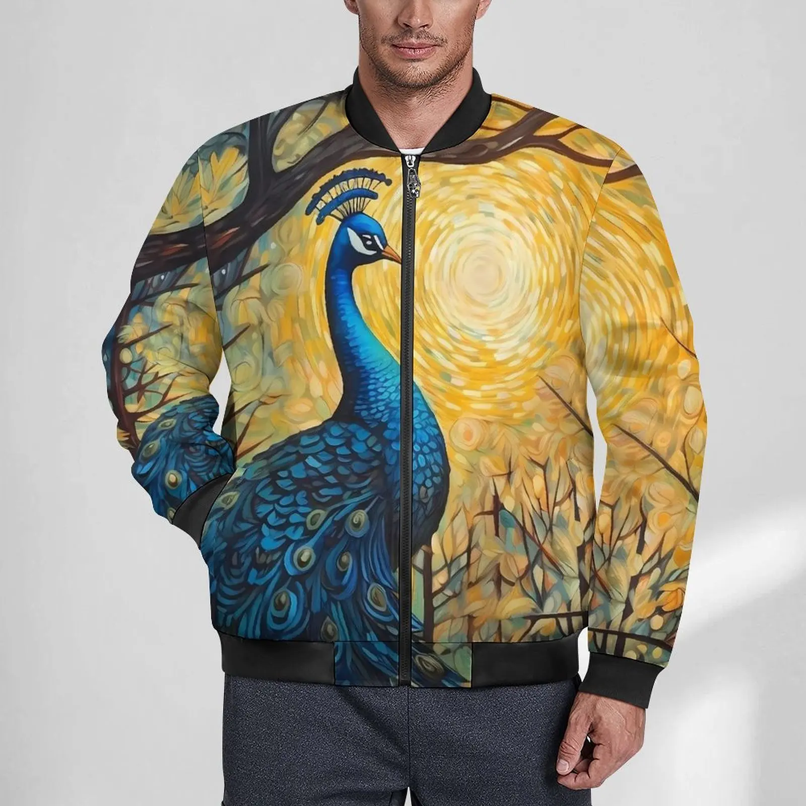 Fantasy Painting About Peacock Jackets Male  Autumn Coats Cool Zipper Casual Windbreak Pattern Outdoor Jacket Big Size