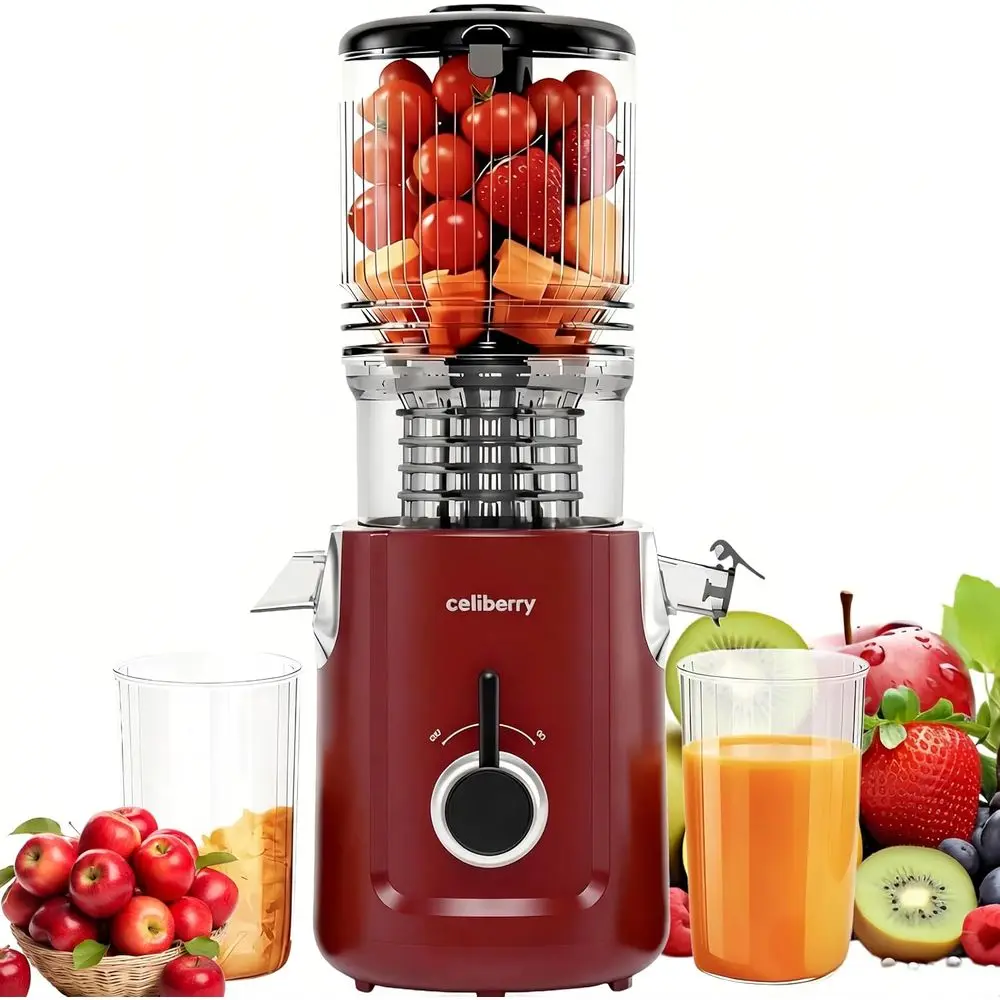 

Соковыжималка шнекового типа с широким загрузочным отверстием 5.3 дюйма, тихая, 300 Вт, легко моется, высокая производительность, для целых фруктов и овощей, красная