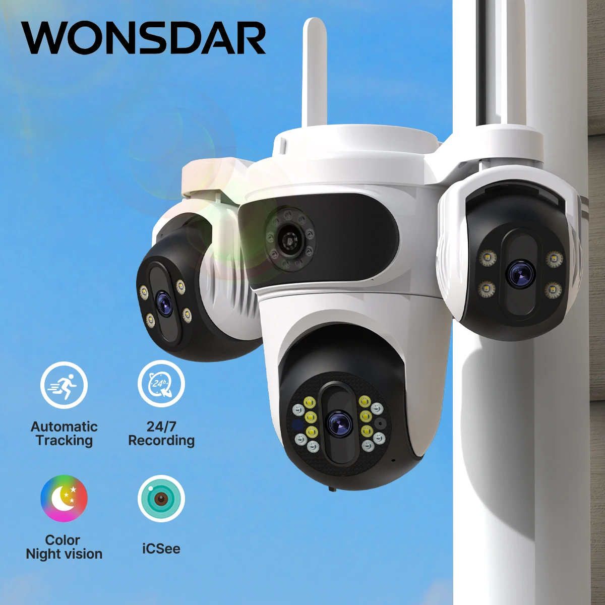 

WONSDAR WIFI-камера с тремя экранами, PTZ-камера, обнаружение человека, видеонаблюдение, HD, внешняя камера с тремя объективами, приложение iCsee