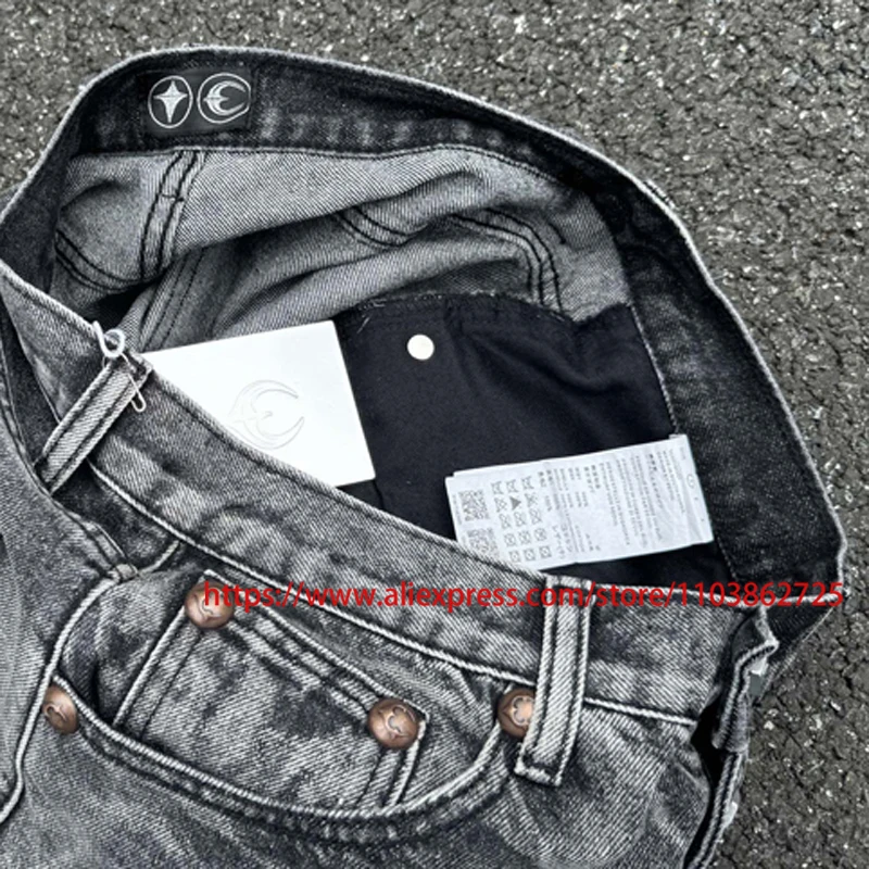 American Trend THUG CLUB Jeans Street Hip-hop High-quality Retro Fashion Patchwork Ripped Hole Thug Club Middle Pants