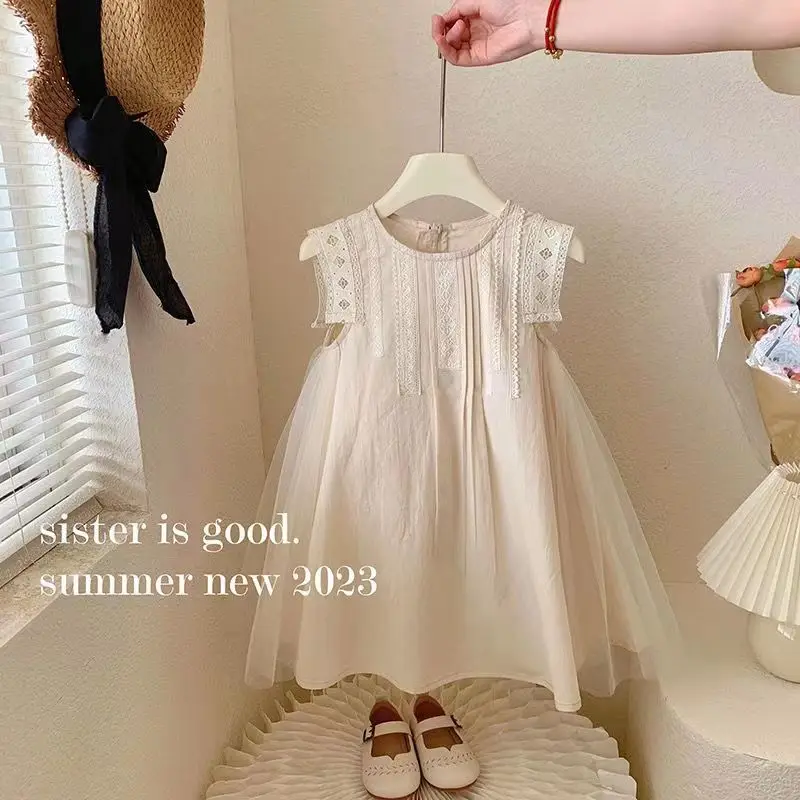 Children Clothing Baby Girl 2023 Summer Beige Mesh Sleeveless Lace Vest Dress Princess Sweet Fashionable Girls Casual Dress