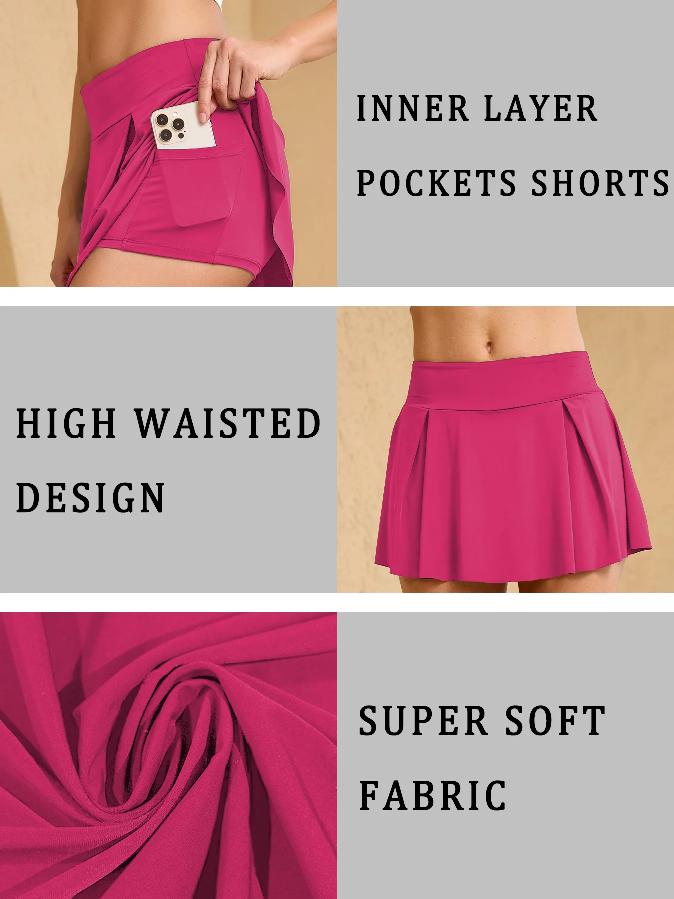 تنورة رياضية ناعمة جدًا ذات طبقتين للنساء، مع جيوب داخلية، تنورة تنس سريعة الجفاف، تنورة للتمارين الرياضية والجولف
