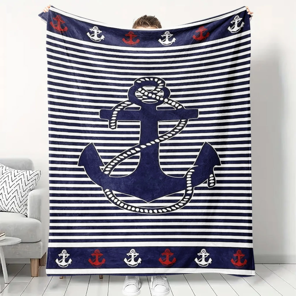 Classic Marine Striped Large Anchor Rope Print Nautical Border Blanket, Warm Cozy Blanket, Nautical Decor Gift Bedroom Rest Use