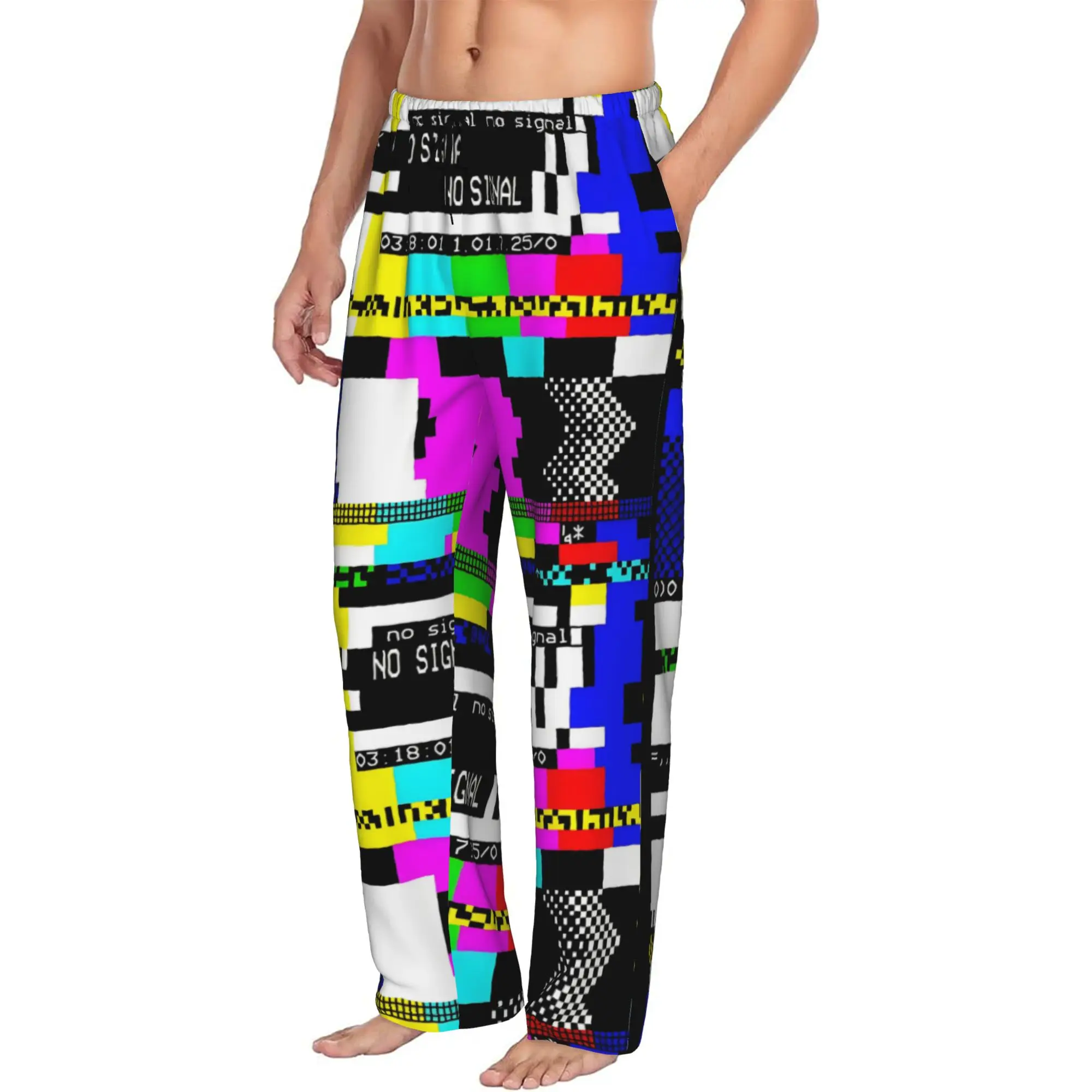 Custom Sided No Signal TV Retro Style Pajama Pants Sleepwear Men's Elastic Waistband  Sleep Lounge Bottoms with Pockets