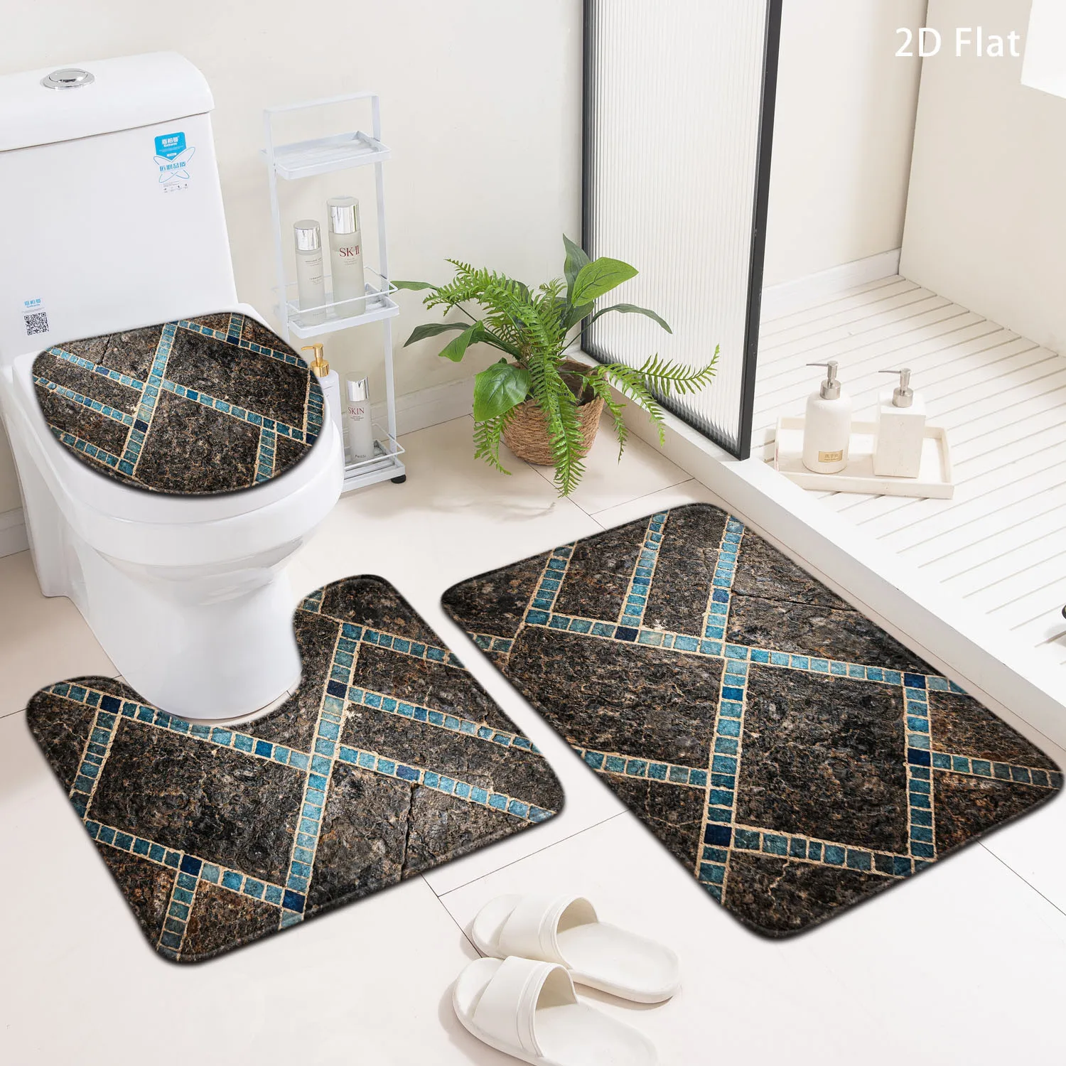 

3 Piece Marble Mosaic Bath Mat Set Non Slip Geometric Bathroom Rug Soft Shower Carpet Toilet Mats Home Decor