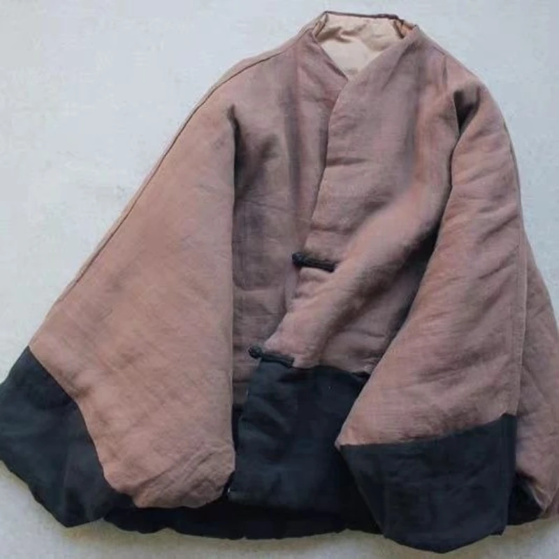 

Women's Autumn Spring Top Coat Cotton Coat Shawl Flowing Hemp Color Blocking Button Warm Retro Comfortable Casual Soft Versatile