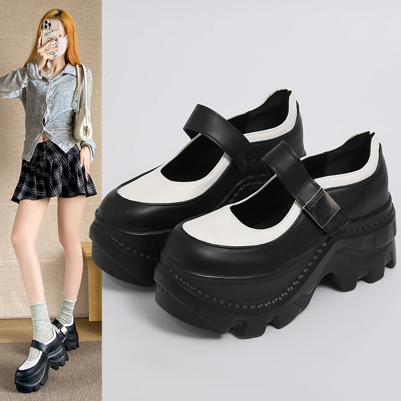 Women Black White Patchwork Mary Jane Shoes Chunky Platform Sole Metal Buckle Strap Vintage Gothic Daily Walking Footwear Ladies