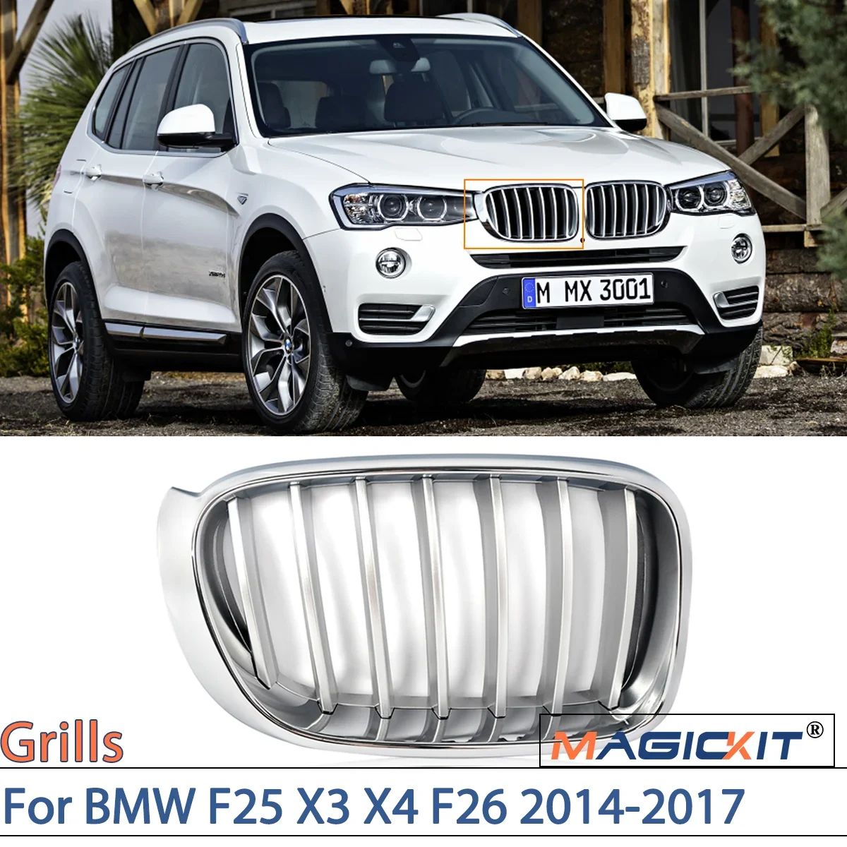 MAGICKIT Lift/Right Side Chrome Front Bumper Grille Kidney Grill For BMW F25 X3 X4 F26 2014-2017 CAR Accessories with Chrome