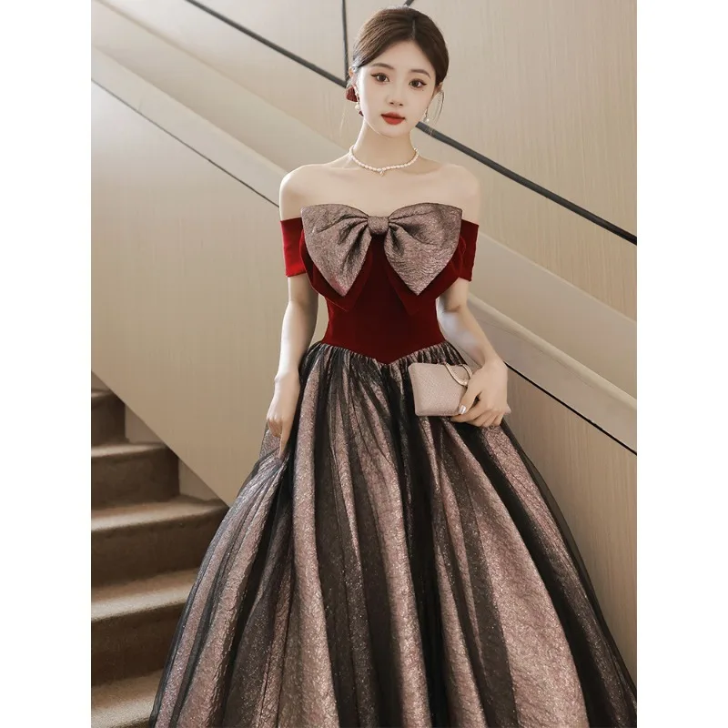 2025 New Women's Summer One Shoulder Wine Red Wedding Evening Dress Fashion Engagement Bow Decoration Grand Banquet Long Dress
