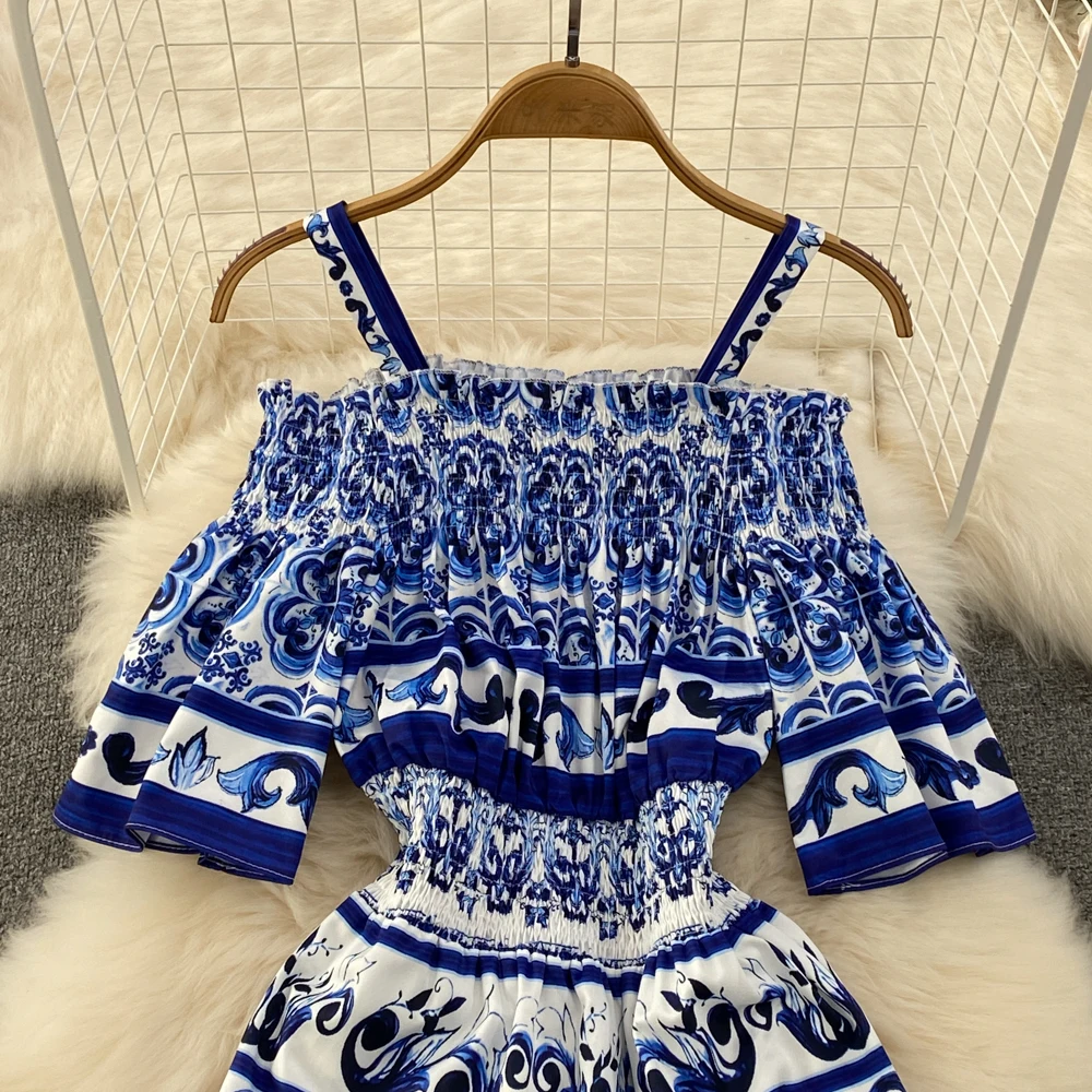 Summer Fashion Runway Midi Dress Women's Cool Shoulder Flare Sleeve Blue and White Porcelain Printing Holiday Beach Vestidos