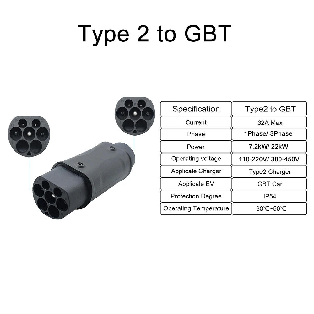 Type2 to GBT Adapter 7.2kW/22kW Compatible with Type 2 Charger for Electric Cars with Chinese GB/T Charging Socket