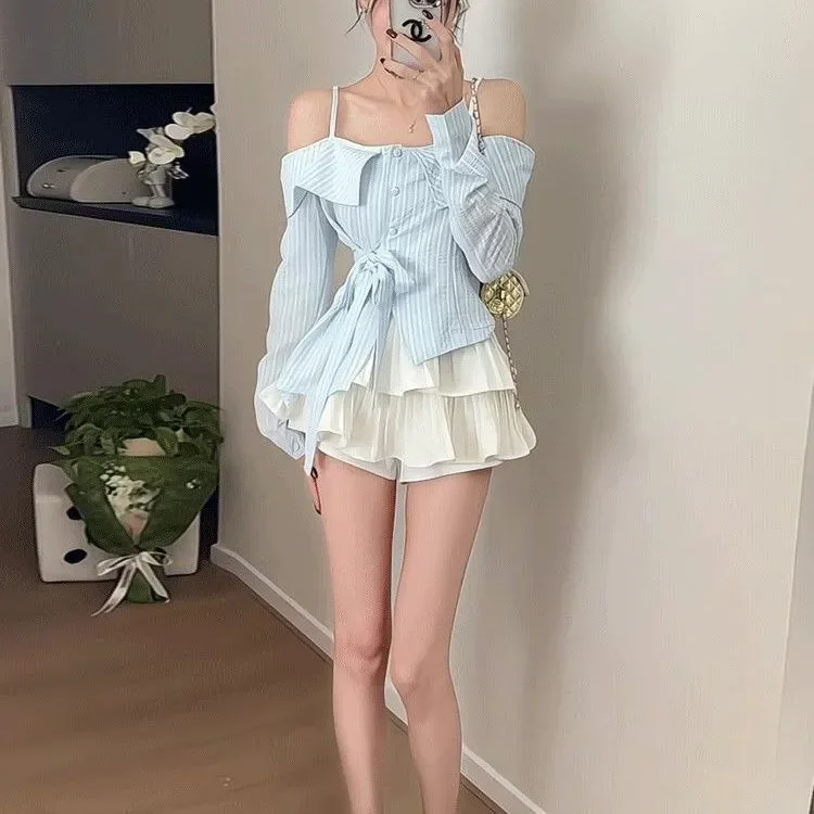 One-length Off-shoulder For Women In Spring Summer Irregular Waist-hugging Lace-up Top