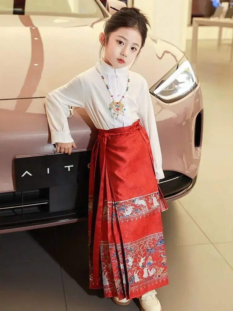 Falda roja Mamian Hanfu para niña, traje tradicional chino, dinastía Ming, falda de cara de caballo