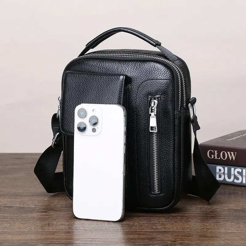 Black Genuine Leather Crossbody Bag for Men Vertical Business Shoulder Pack with Front Flap Pocket and Zipper Travel Handbag