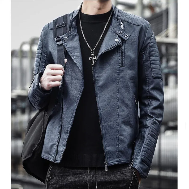 2023 New Top Plush PU Leather Jacket for Men's Autumn and Winter Motorcycle Standing Collar Motorcycle Work Jacket